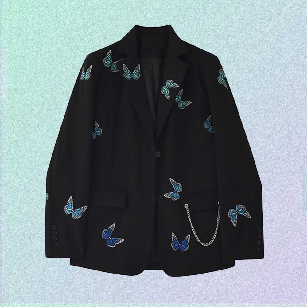 BUTTERFLIES EMBROIDERY BLACK BLAZER JACKET WITH CHAIN
