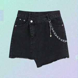 Asymmetric Ripped Black Aesthetic Shorts With Chain | Goth Aesthetic Shop