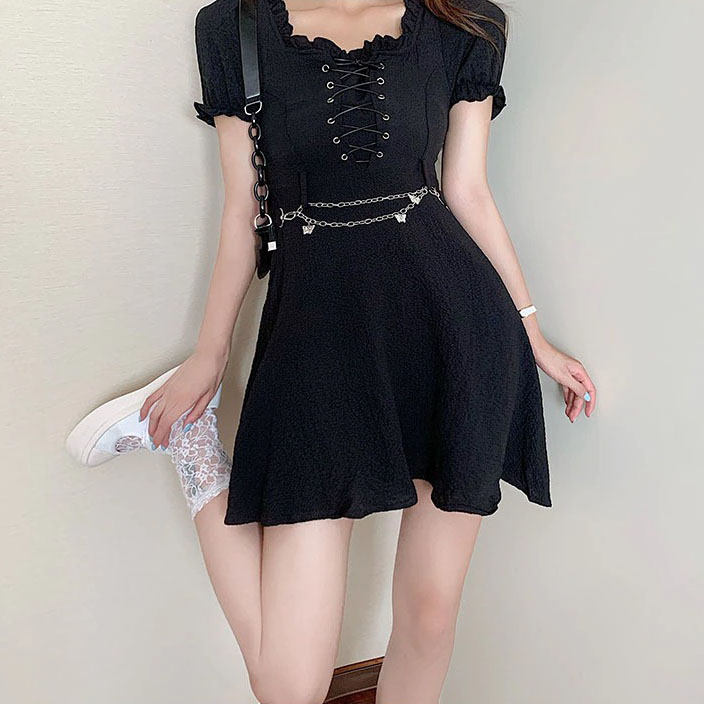 BLACK AESTHETIC LACE UP SHORT SLEEVE DRESS WITH BUTTERFLY CHAIN