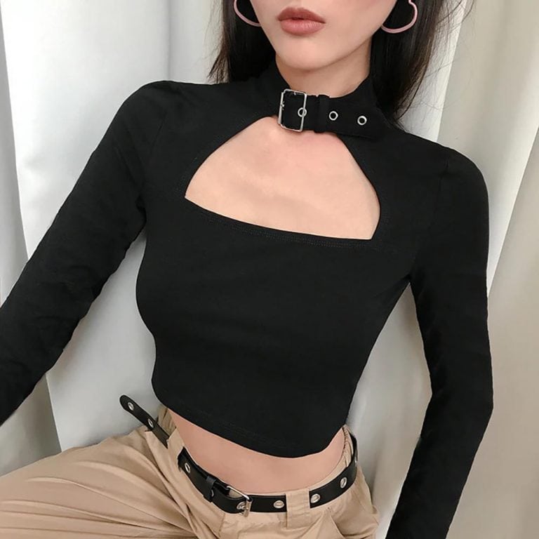 Black Aesthetic Neck Strap Long Sleeve Crop Top | Goth Aesthetic Shop