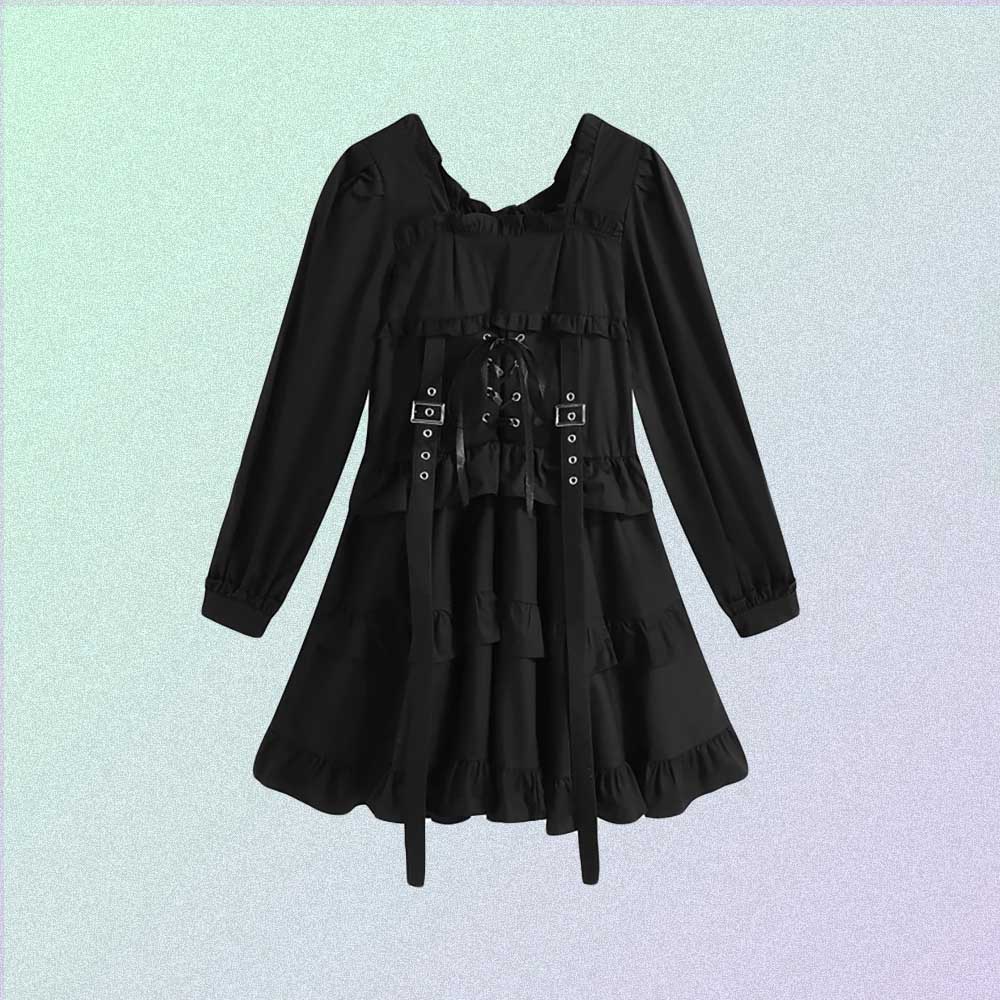 BLACK GOTH AESTHETIC LACE UP LONG SLEEVE DRESS WITH STRAPS