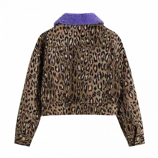 Leopard Print Crop Jacket With Fur Purple Collar | Goth Aesthetic Shop