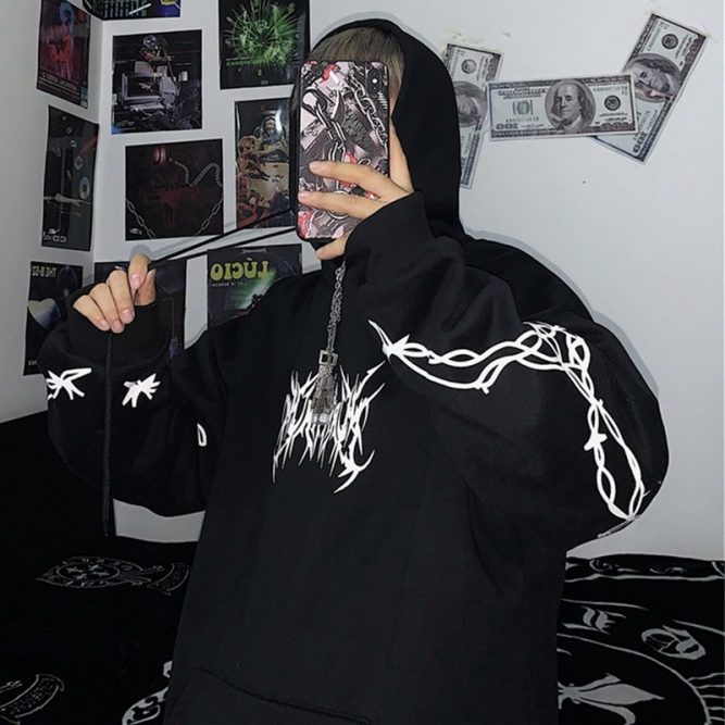 White Barbed Wire Print Hoodie | Goth Aesthetic Shop