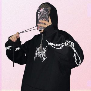Black Goth Aesthetic Barbed Wire Print Hoodie | Goth Aesthetic Shop