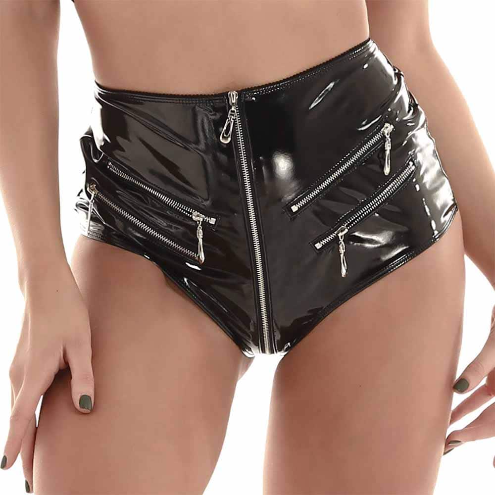 BLACK GOTH AESTHETIC LATEX TIGHT SHORTS WITH ZIPPERS (2)