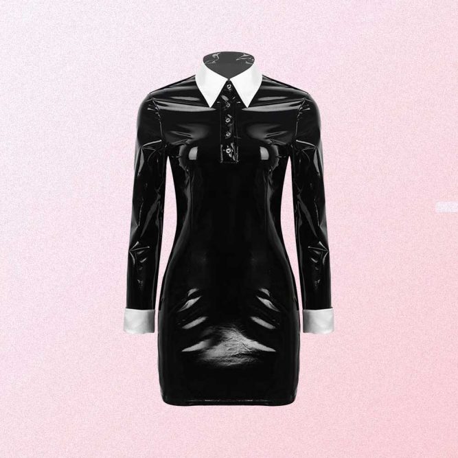 BLACK GOTH AESTHETIC LONG SLEEVE LATEX DRESS WITH WHITE COLLAR (2)