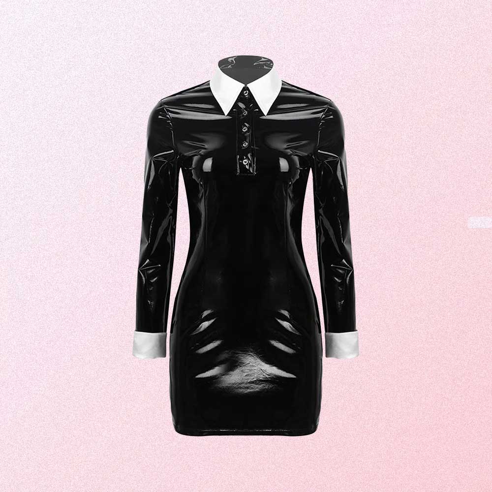 BLACK GOTH AESTHETIC LONG SLEEVE LATEX DRESS WITH WHITE COLLAR (2)