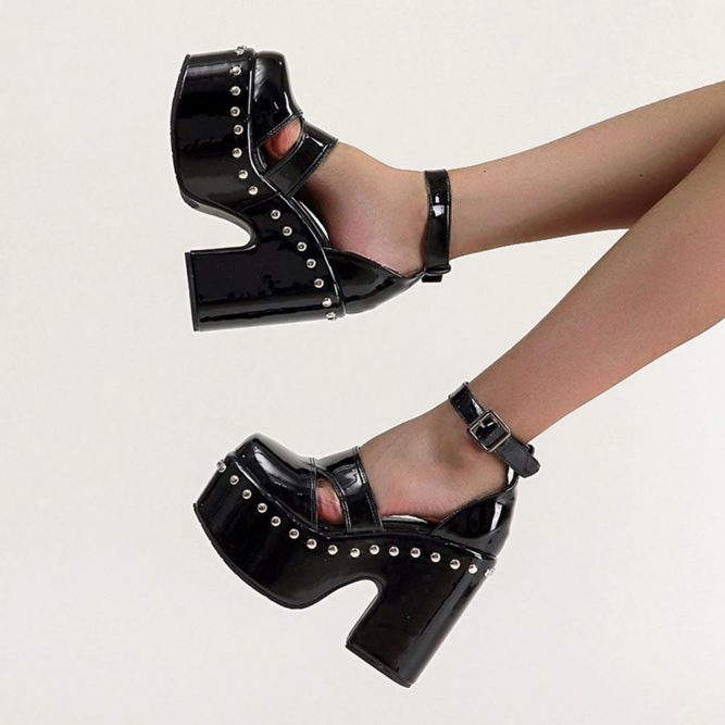 Black Latex Goth Aesthetic Studded Sandals | Goth Aesthetic Shop