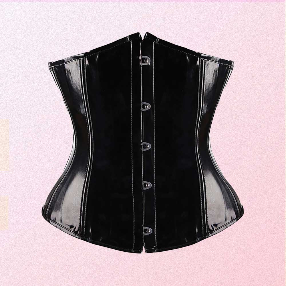 BLACK LATEX GOTH AESTHETIC LACE UP AND STUDDED BUTTONS CORSET