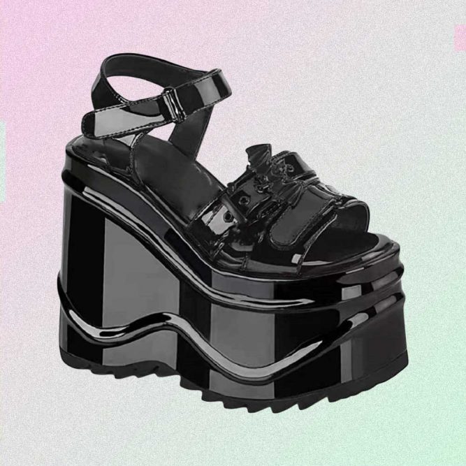 BLACK LATEX GOTH AESTHETIC PLATFORM SANDALS WITH CHAINS