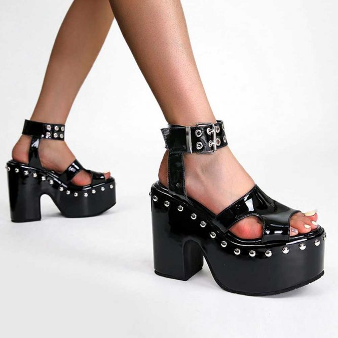 Black Latex Goth Aesthetic Studded Platform Open Toe Sandals | Goth ...
