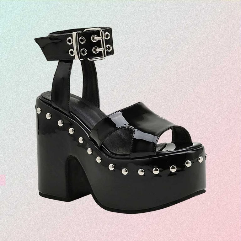 Black Latex Goth Aesthetic Studded Platform Open Toe Sandals | Goth ...