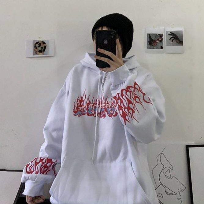 Flaming Fire Print White Hoodie | Goth Aesthetic Shop