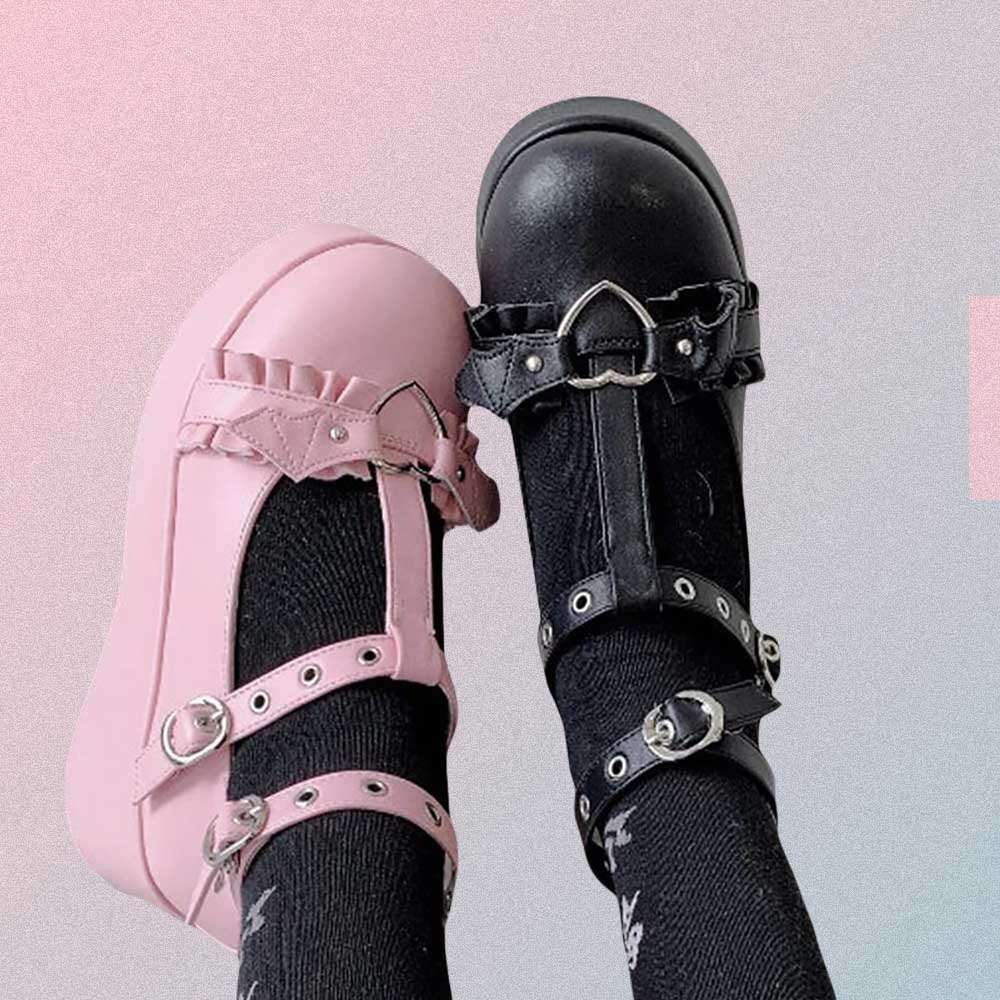 PINK & BLACK AESTHETIC SANDALS WITH BAT HEART STRAPS