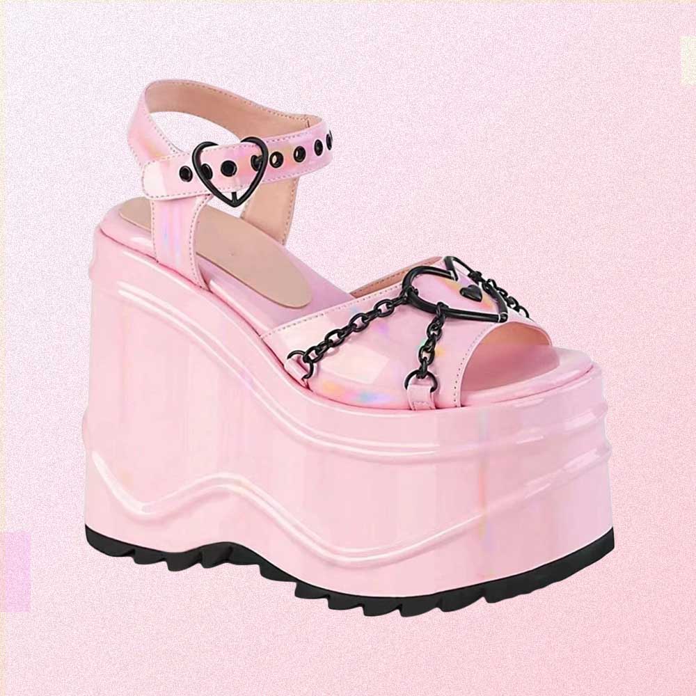 PINK LATEX PASTEL GOTH AESTHETIC PLATFORM SANDALS WITH CHAINS