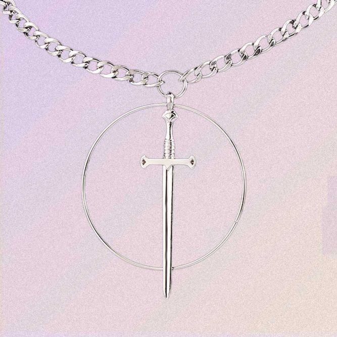 SILVER SWORD AND CIRCLE GOTH AESTHETIC PENDANT NECKLACE