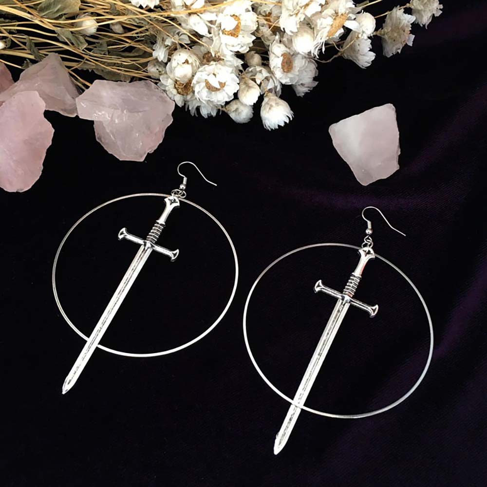 SILVER SWORDS AND CIRCLES GOTH AESTHETIC EARRINGS