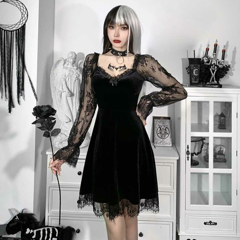 Black Goth Aesthetic Lace Dress With Moon Pendant | Goth Aesthetic Shop