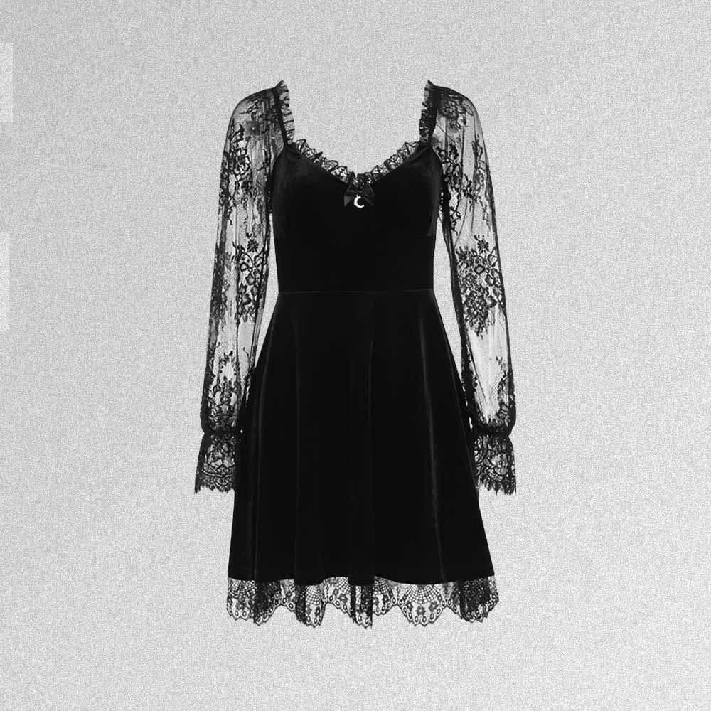 BLACK GOTH AESTHETIC LACE DRESS WITH MOON PENDANT