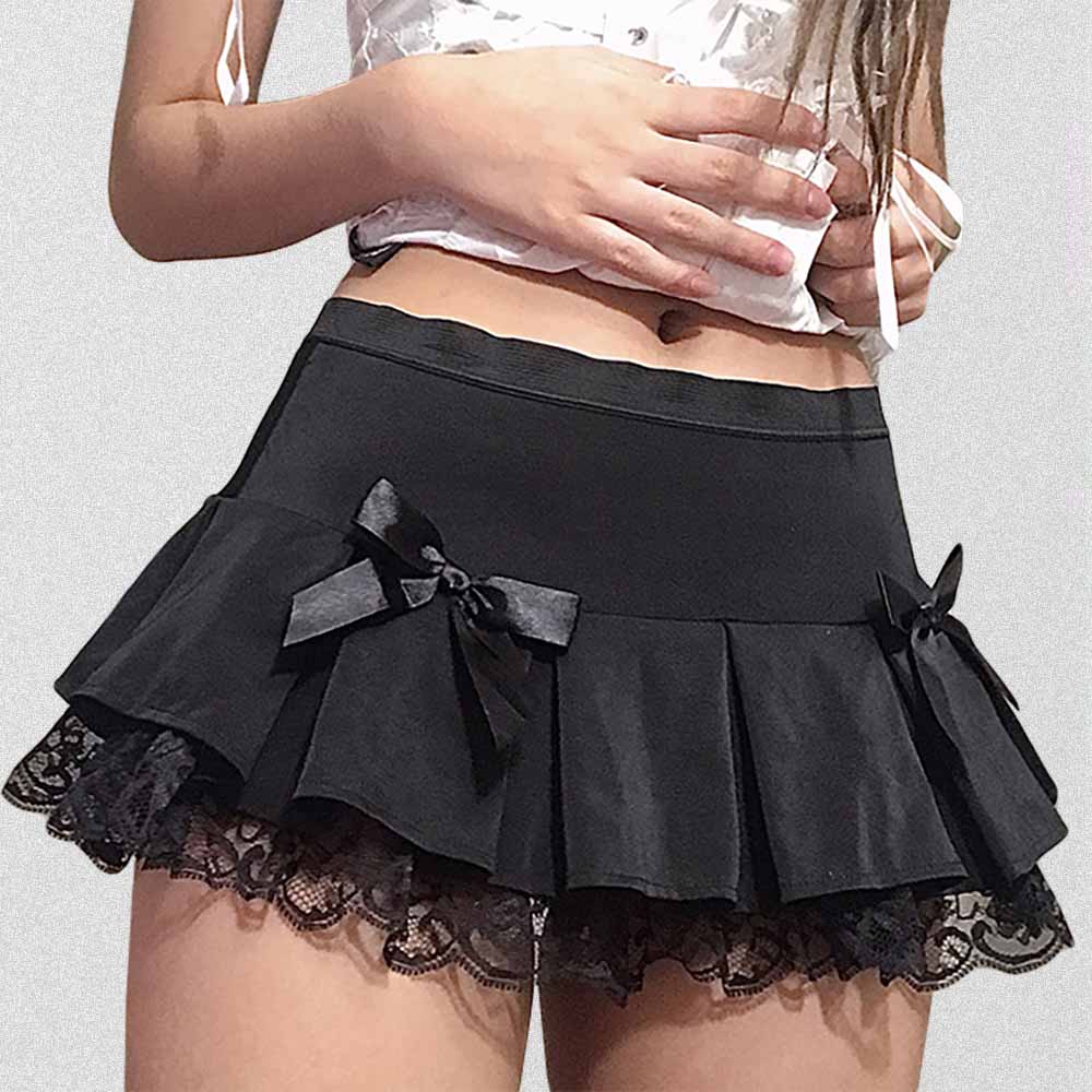 BLACK GOTH AESTHETIC LACE MINI SKIRT WITH BOWS