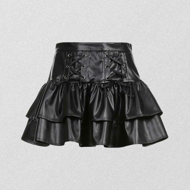 BLACK GOTH AESTHETIC LACE UP PLEATED LEATHER SKIRT