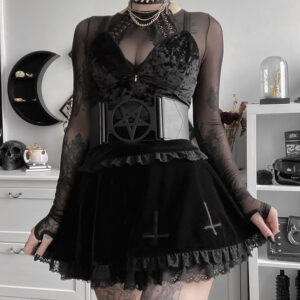 Black Goth Aesthetic Lace Velvet Skirt With Crosses | Goth Aesthetic Shop