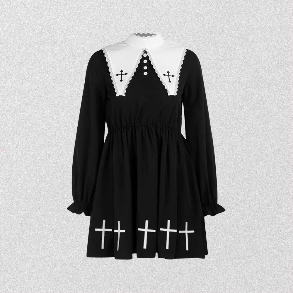 BLACK GOTH AESTHETIC NUN DRESS WITH CROSSES