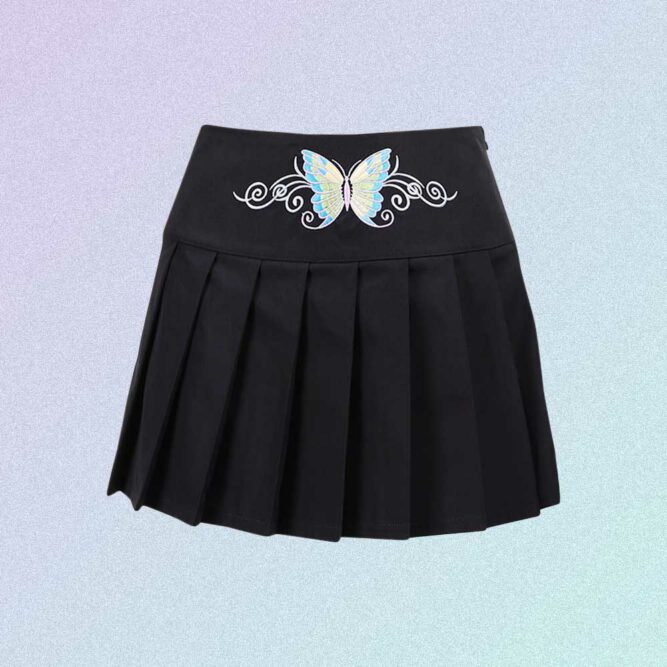 BLACK PASTEL GOTH AESTHETIC PLEATED SKIRT WITH BUTTERFLY