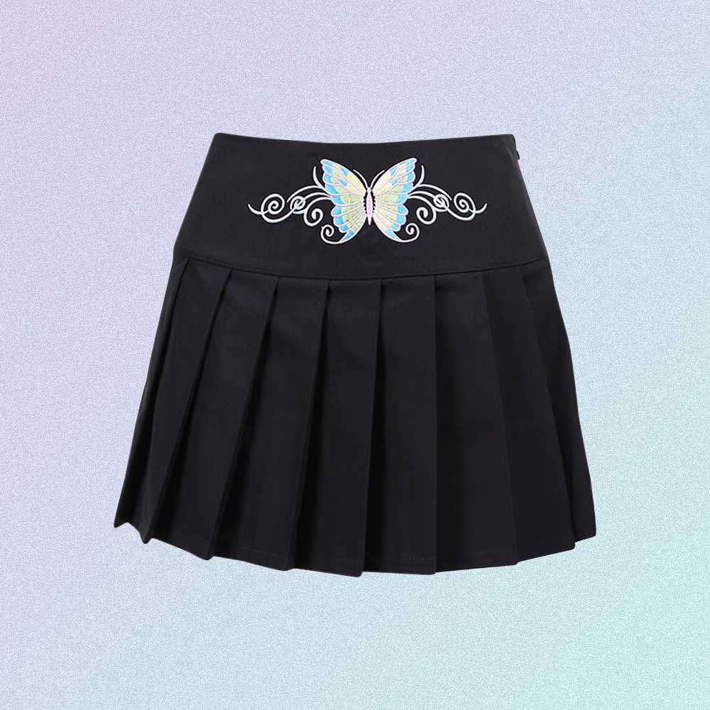 BLACK PASTEL GOTH AESTHETIC PLEATED SKIRT WITH BUTTERFLY