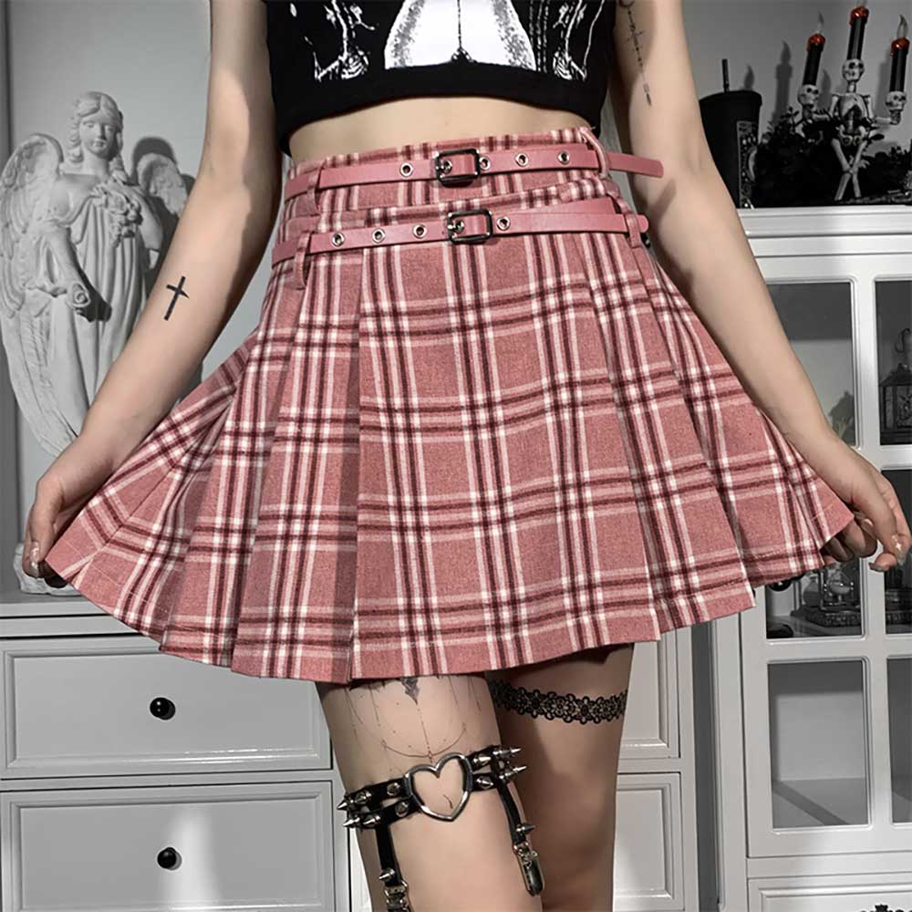 PINK PASTEL GOTH AESTHETIC PLAID PLEATED SKIRT WITH BELTS (2)