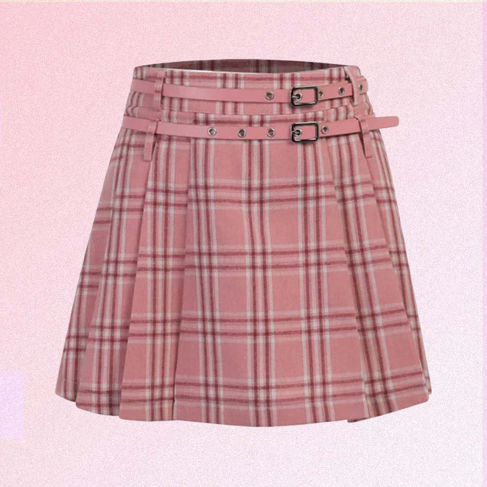 PINK PASTEL GOTH AESTHETIC PLAID PLEATED SKIRT WITH BELTS