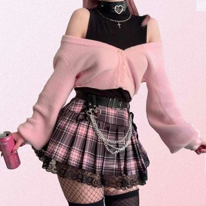 PINK PLAID PLEATED PASTEL GOTH LACE SKIRT