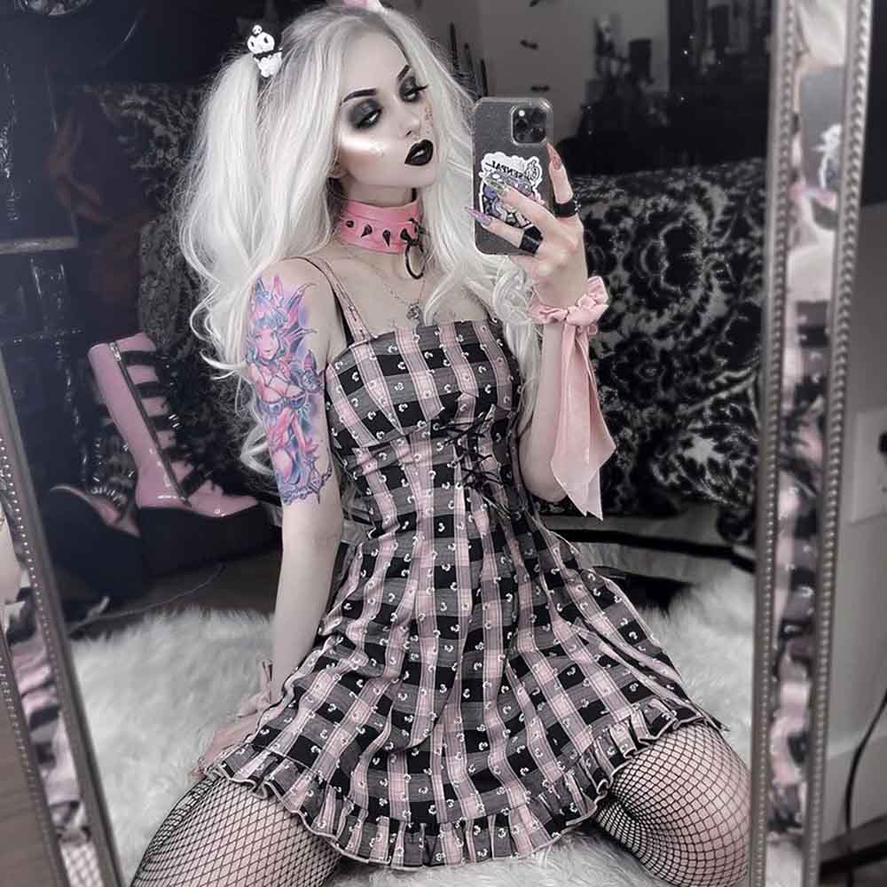PINK PASTEL GOTH AESTHETIC PLAID LACE UP DRESS