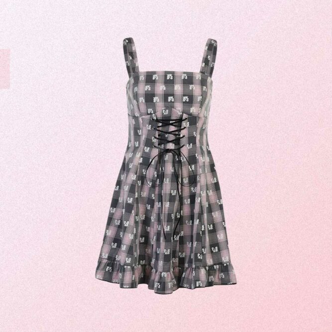 PINK PASTEL GOTH AESTHETIC PLAID LACE UP DRESS